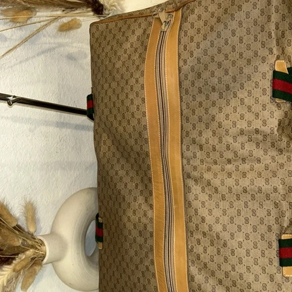 Gucci Duffle Bag GG Logo Canvas Brown Leather Trim Folding Travel Carry On - Picture 9 of 13